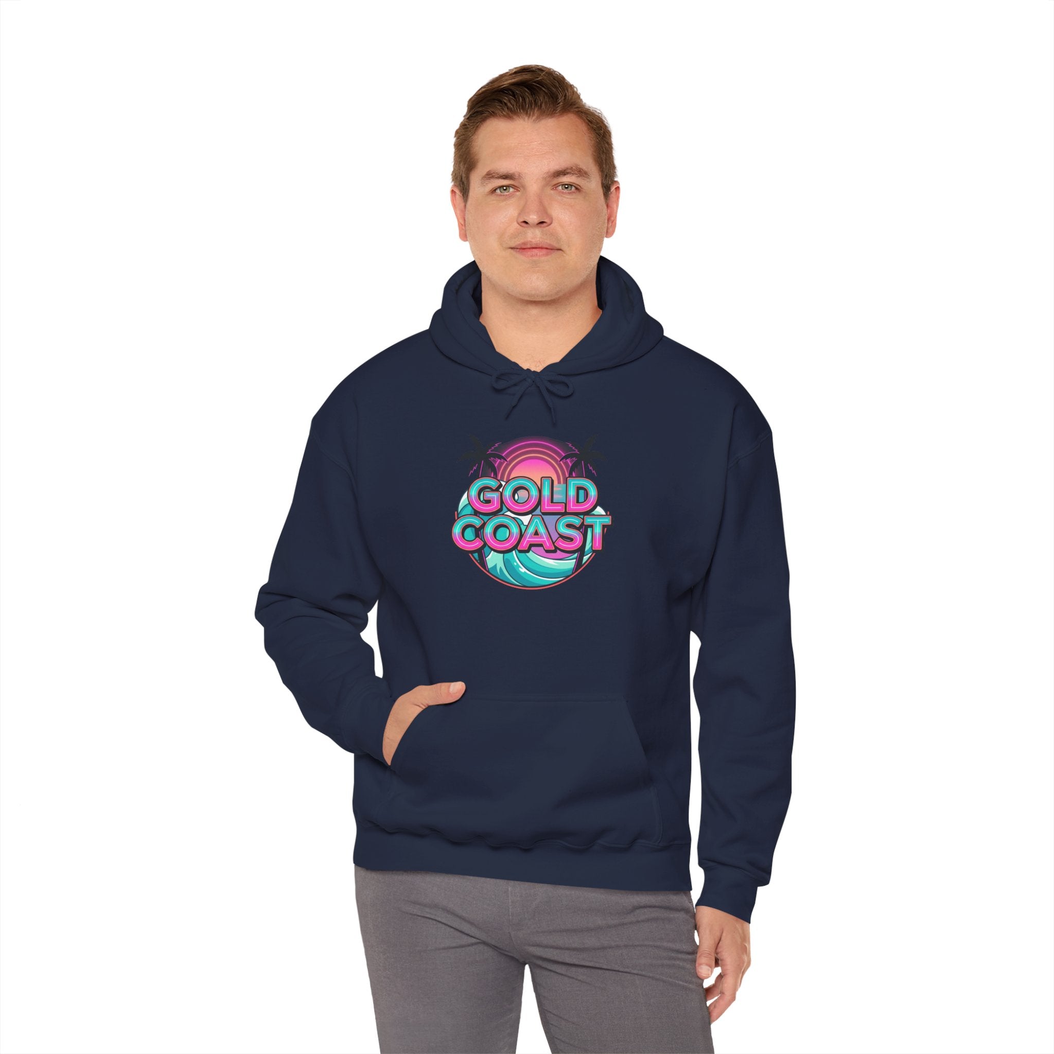 Gold Coast Hoodie — Retro Palm Beach Surf Logo Sweatshirt