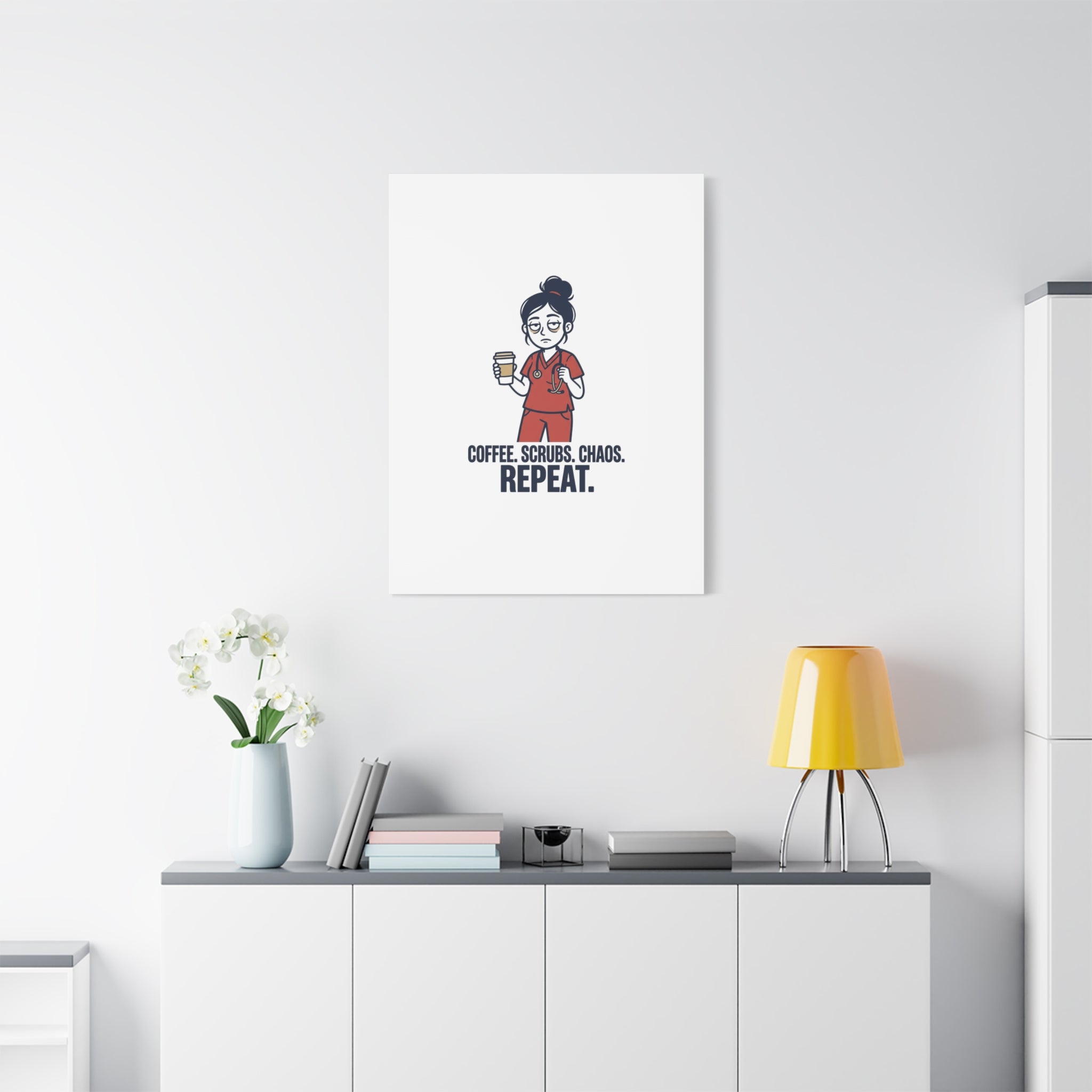 Coffee. Scrubs. Chaos. Repeat. Canvas | Nurse Aesthetic, RN Nurse Wall Art