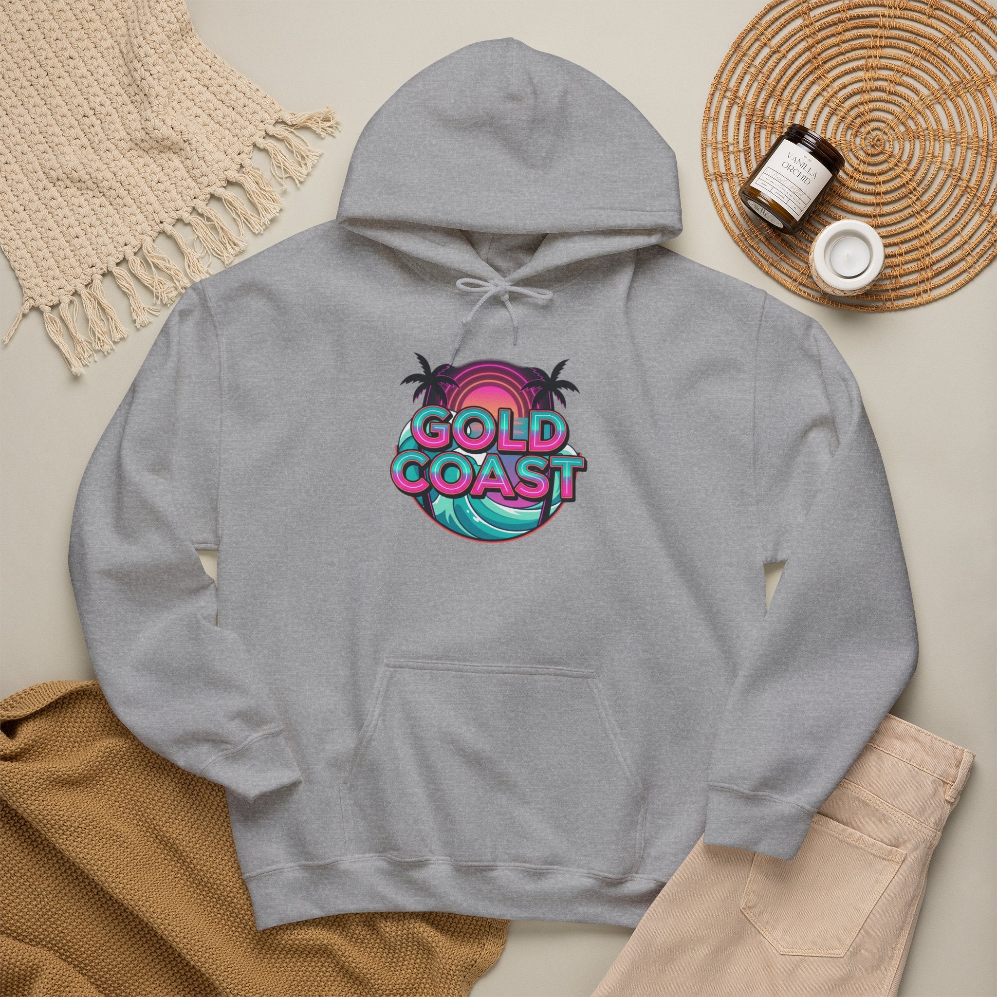 Gold Coast Hoodie — Retro Palm Beach Surf Logo Sweatshirt