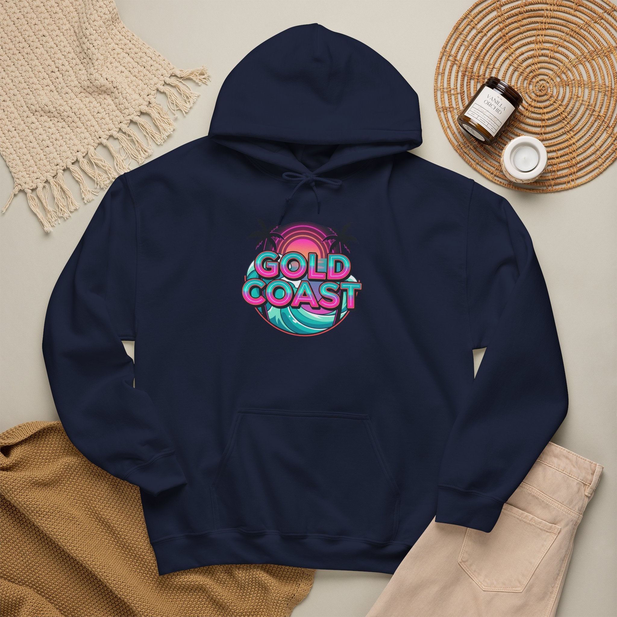 Gold Coast Hoodie — Retro Palm Beach Surf Logo Sweatshirt