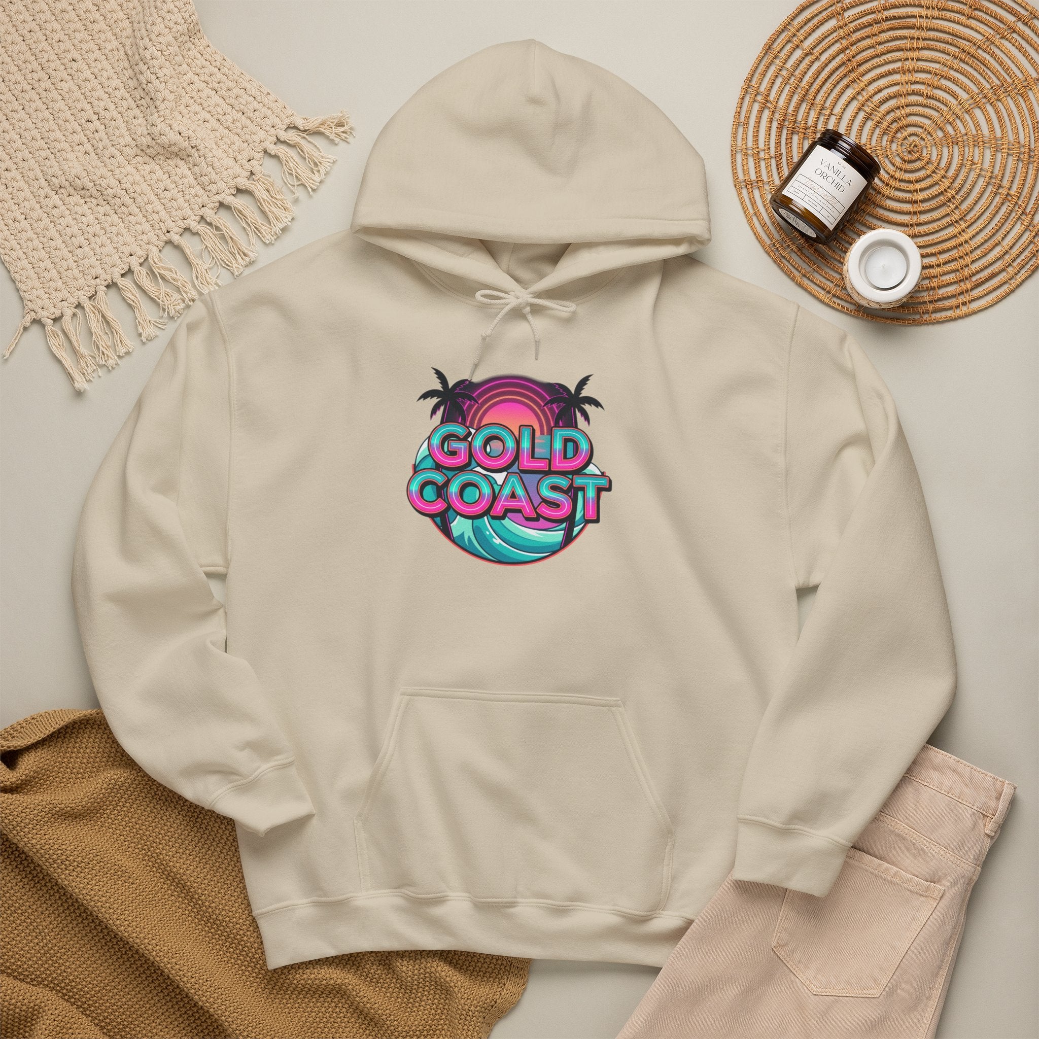 Gold Coast Hoodie — Retro Palm Beach Surf Logo Sweatshirt