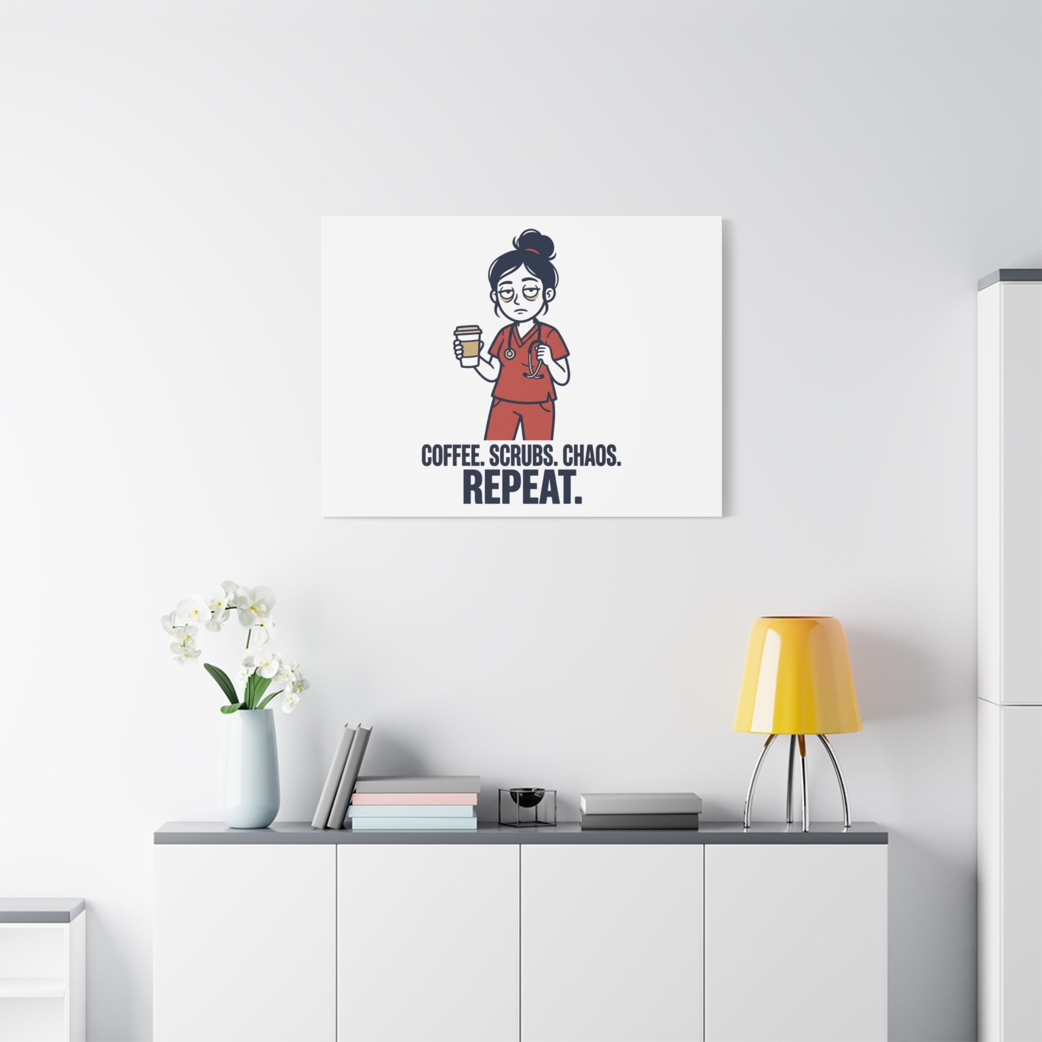 Coffee. Scrubs. Chaos. Repeat. Canvas | Nurse Aesthetic, RN Nurse Wall Art